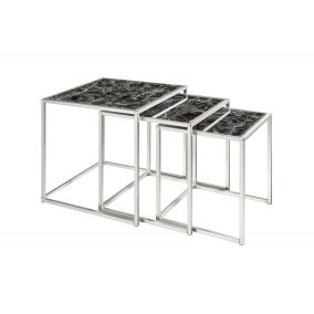   Invicta Elements Márvány Hatású Üveg Dohányzóasztal Szett Fekete Króm