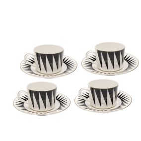   KARE Harlequin Porcelán Kávéscsésze Készlet Geometrikus Fekete-Fehér Arany Díszítéssel