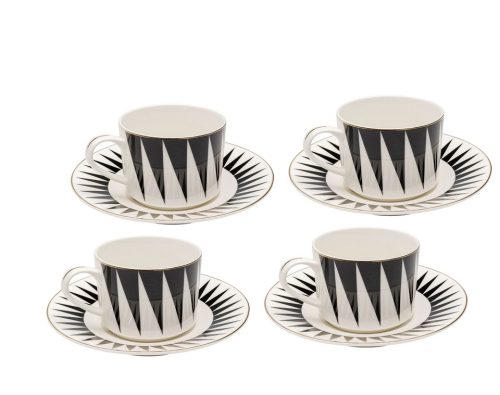 KARE Harlequin Porcelán Kávéscsésze Készlet Geometrikus Fekete-Fehér Arany Díszítéssel