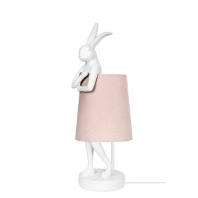   KARE Design Rabbit Asztali Lámpa Fehér Polirezin Rózsaszín Lenvászon Ernyővel 68 cm