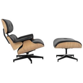 King Home Lounge HM Kőrisfa Bőr Fotel Lábtartóval Fekete