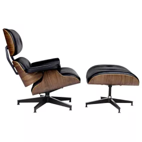 King Home Lounge XL Bőr Fotel Lábtartóval Diófa Fekete