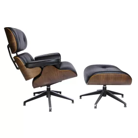   King Home Lounge Luxus Bőr Fotel Lábtartóval Diófa Fekete Forgatható