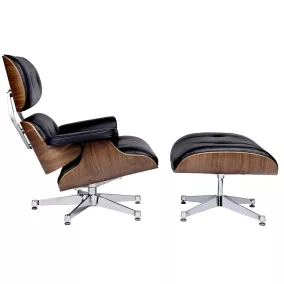   King Home Lounge Premium Pihenőfotel Valódi Bőr Fekete Dió Forgatható