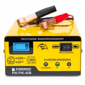   Powermat Mikroprocesszoros Akkumulátor Töltő – 6V/12V, 15A, LCD kijelző – Autóhoz és motorhoz (PM-PM-40B)