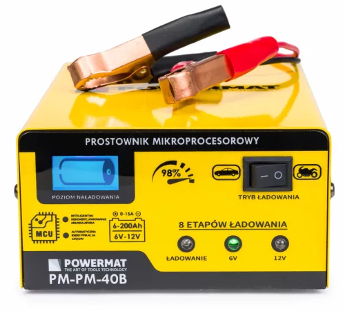 Powermat Mikroprocesszoros Akkumulátor Töltő – 6V/12V, 15A, LCD kijelző – Autóhoz és motorhoz (PM-PM-40B)