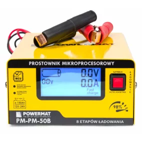   Powermat Mikroprocesszoros Akkumulátor Töltő – 12V/24V, 10A, 6-150Ah – LCD kijelzővel (PM-PM-50B)
