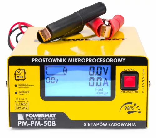 Powermat Mikroprocesszoros Akkumulátor Töltő – 12V/24V, 10A, 6-150Ah – LCD kijelzővel (PM-PM-50B)