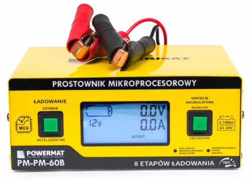 Powermat Mikroprocesszoros Akkumulátor Töltő – 6V-24V, 10A, LCD kijelző – AGM, Gél, EFB típusokhoz (PM-PM-60B)