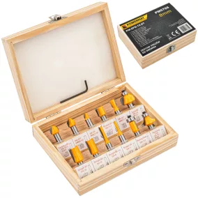   Powermat Felsőmaró Kés Készlet – 12 részes, 8mm szár, Keményfém lapkás – Faipari munkákhoz (PM0766)