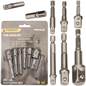   Powermat Dugókulcs Adapter Készlet – 8 részes, HEX szárral – 1/4", 3/8", 1/2" méretek (PM0928)