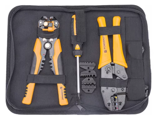 Powermat Krimpelő és Csupaszító Készlet – 8 részes, 5 cserélhető pofával – Villanyszerelési munkákhoz (PM-ZDK-8T)