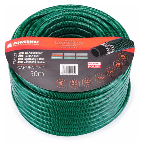 Powermat Kerti Locsolótömlő – 1/2", 50m, 3 rétegű – UV-álló, Extra rugalmas (PM1147)