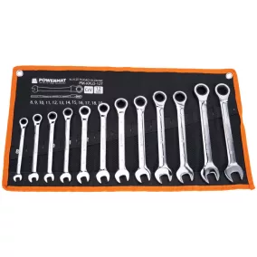   Powermat Racsnis Csillag-Villás Kulcs Készlet - 12 részes, 8-19mm, CrV acél - Falra akasztható tartóban (PM-KPLO-12T)