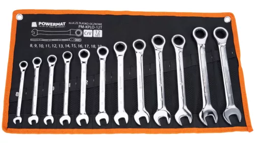 Powermat Racsnis Csillag-Villás Kulcs Készlet - 12 részes, 8-19mm, CrV acél - Falra akasztható tartóban (PM-KPLO-12T)