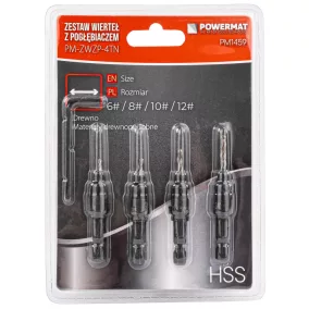   Powermat Fafúró Készlet Süllyesztővel – 4 részes, HSS acél, HEX befogás – #6, #8, #10, #12 (PM1459)