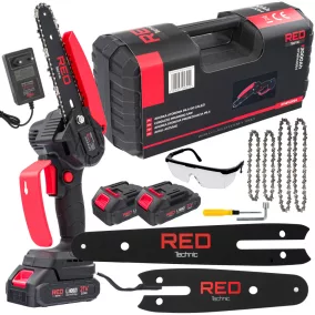   RED TECHNIC Akkumulátoros Láncfűrész – 21V, 1000W, 4" és 6" vezető – 2 db akkumulátorral (RTMPA0064)