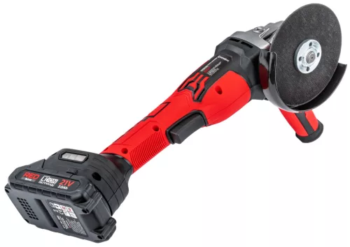 RED TECHNIC Akkumulátoros Sarokcsiszoló – 125mm, 21V, Szénkefementes – 2x 2.0Ah akkuval (RTSZK0140)