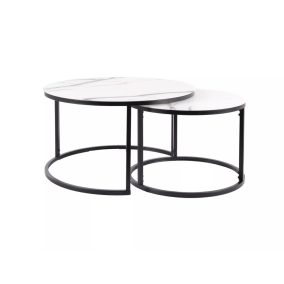   Atlanta Kerek Márvány Hatású Üveg Dohányzóasztal Szett Fekete Vázzal