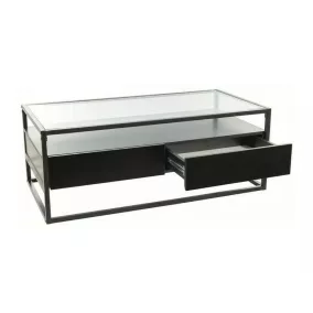   Carlo Modern Edzett Üveg Dohányzóasztal Fekete Fém Vázzal Fiókos