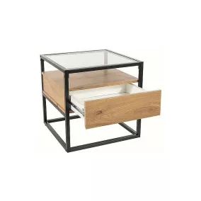   Carlo B Üveglapos Tölgy Dohányzóasztal Fiókkal Fekete Fém Vázzal