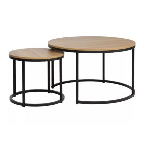 Dion Kerek Tölgy Dohányzóasztal Szett Fekete Fém Vázzal