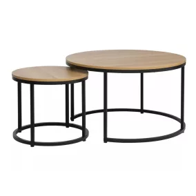 Dion Kerek Tölgy Dohányzóasztal Szett Fekete Fém Vázzal