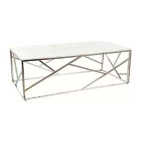   Escada A II Márvány Hatású Edzett Üveg Dohányzóasztal Fehér Króm Geometrikus Vázzal
