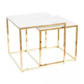   Gloria Luxury Márvány Dohányzóasztal Szett Edzett Üveg Arany Vázzal