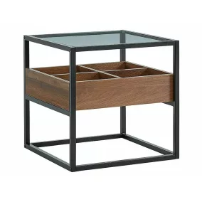   Harmony Üveg Dohányzóasztal Fekete Fém Diófa Tárolórekesszel