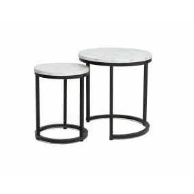   Hola Kerek Márvány Dohányzóasztal Szett Fehér Laminált Lappal Fekete Fémvázzal