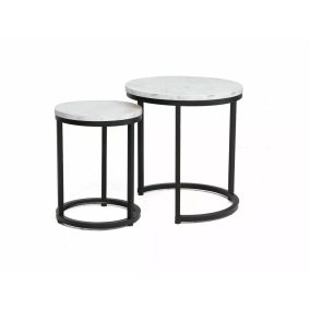   Hola Kerek Márvány Dohányzóasztal Szett Fehér Laminált Lappal Fekete Fémvázzal