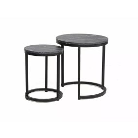   Hola Márvány Hatású Kerek Dohányzóasztal Szett Fekete Fém Vázzal