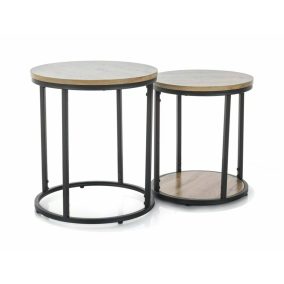   Into Artisan Kerek Dohányzóasztal Szett MDF Tölgy Fekete Fém Vázzal