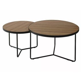   Italia II Kerek Diófa Dohányzóasztal Szett Fekete Fém Vázzal