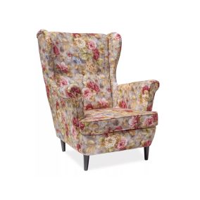   Lord Coral Virágmintás Füles Fotel Szürke-Rózsaszín Kárpittal