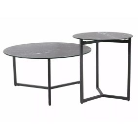   Ravello Márvány Hatású Kerek Dohányzóasztal Szett Edzett Üveg Fekete