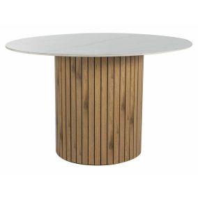   Socrates Kerámia Kerek Étkezőasztal Fehér Fényes Lappal és Artisan Tölgy Lábazattal