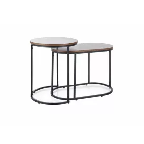   Twingo Kerek Diófa MDF Dohányzóasztal Szett Fekete Fém Vázzal